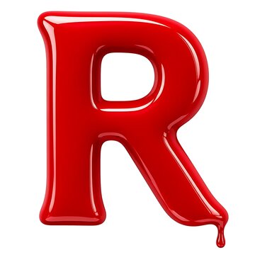 A bold uppercase letter 'R' sculpted from rich crimson liquid lacquer with a flawlessly smooth glossy surface, subtle dimensional curves, refined wet-paint sheen, delicate reflective highlights