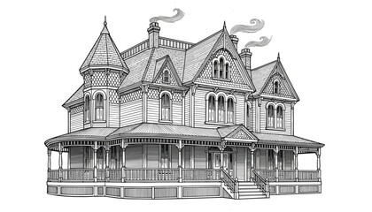 Obraz premium Detailed architectural line drawing of a large Victorian era mansion with a wide wrap-around porch and multiple smoking chimneys on the roof.