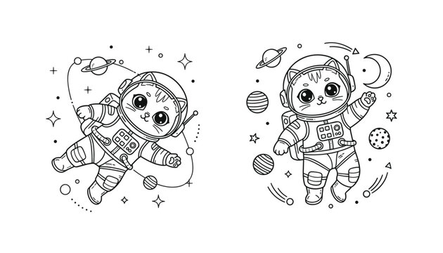 Set of two adorable cartoon cat astronauts floating in outer space surrounded by planets stars and orbiting bodies in a simple line art.