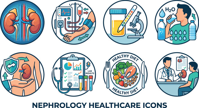 A set of eight detailed nephrology healthcare icons illustrating kidney health, dialysis, urine analysis, hydration, kidney protection, medical records, healthy diet, and doctor consultation.