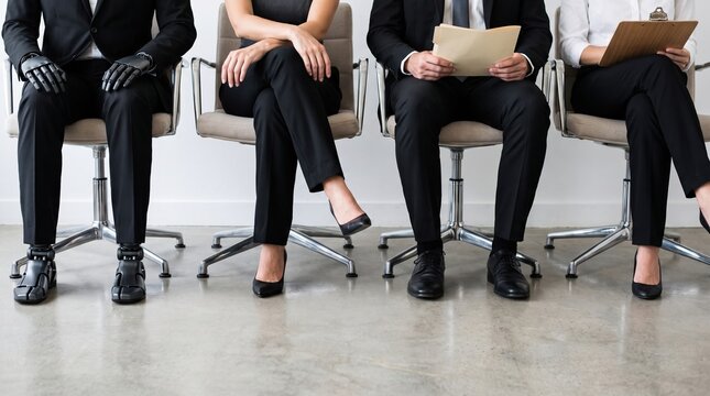 Person waiting area business candidate chair interview office prosthetic leg, seated group in formal clothing with clipboard, diverse inclusion scene in modern workplace