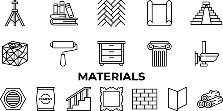 Construction and interior design building materials line icon set with cement parquet brick wall paint roller architectural columns vectors