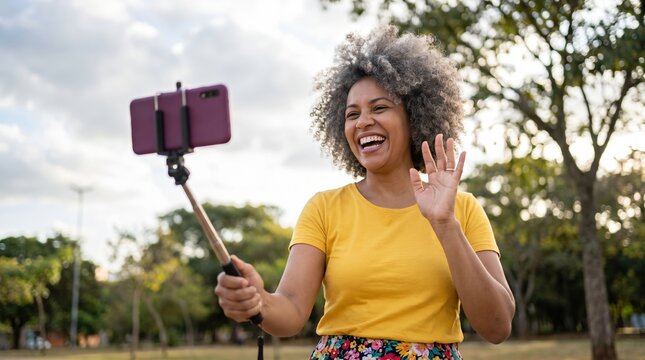 Woman laughing smartphone selfie stick wave park outdoor yellow shirt curly hair joyful video call among tree grass cloudy sky natural light