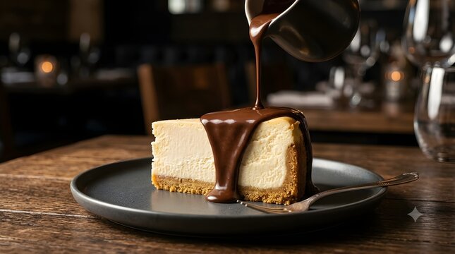 Sepotong cheesecake klasik disiram saus cokelat kental di atas piring hitam di restoran