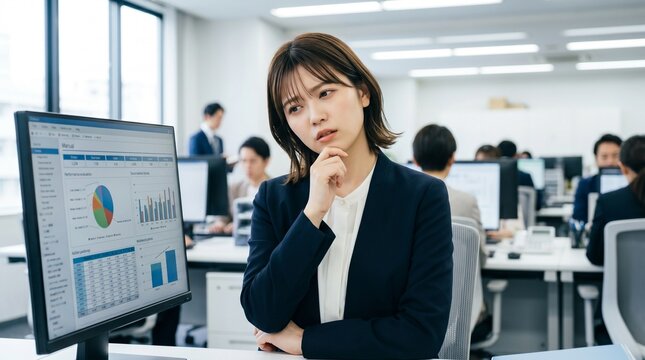 Pensive young Asian businesswoman looking at charts and analytical graphs on desktop computer screen