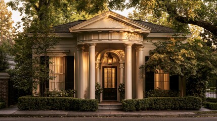 Fototapeta premium hedges. Classic house entrance with symmetrical columns and hedges, bathed in warm golden hour light. real-estate listings.