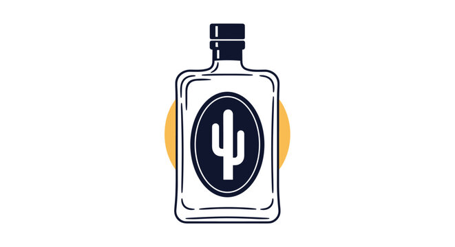 Stylized illustration of a tequila bottle featuring a cactus symbol on the label set against a bright golden circular sun background theme.