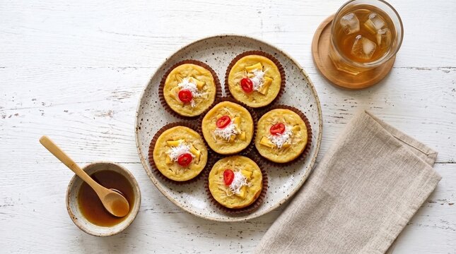 Six traditional Indonesian yellow mud cakes, kue lumpur, topped with jackfruit slices and shredded coconut, served with iced tea and syrup on a white rustic wooden table.
