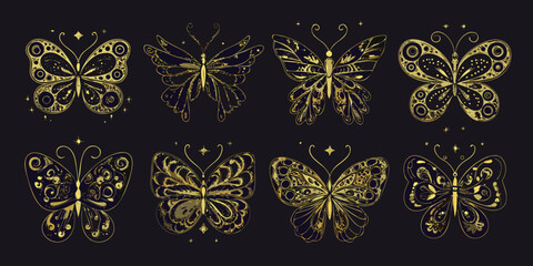 Golden Butterflies Vector Illustration Set Against A Dark Background © Gita