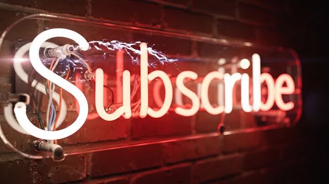 The neon subscribe sign glows against a textured brick wall