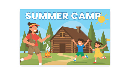 Fototapeta premium Fun summer camp postcard design featuring an active counselor and happy running children in front of a log cabin.