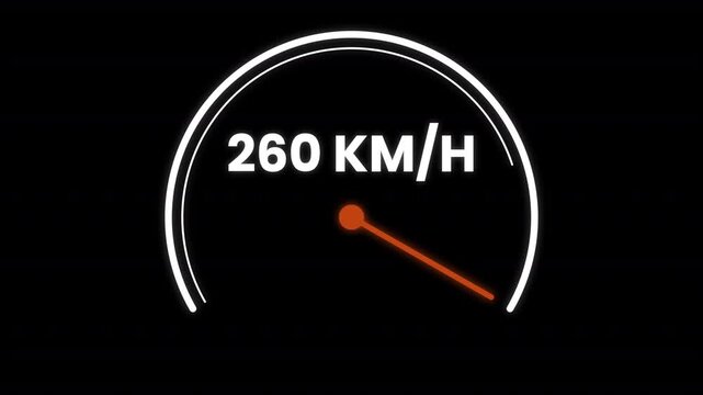 Digital speedometer showing 260 KM/H speed, high performance car dashboard gauge, motion blur racing odometer on black background