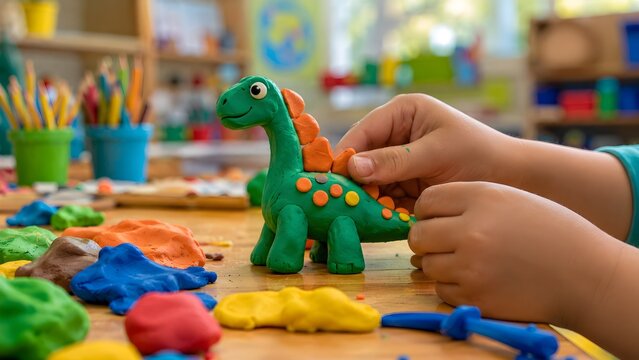 Child Hands Sculpting Colorful Play Dough Dinosaur Creative Learning Activity