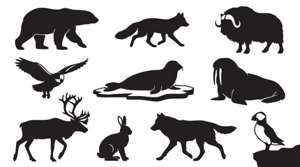 Fototapeta premium Animals Including Bear, Wolf, Deer, Rabbit, and Bird in Silhouette Style for Nature and Wildlife Illustration featuring forest, vector, black