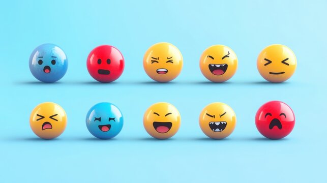 Colorful 3D emoji faces expressing emotions. Vibrant cartoon smileys with happy, angry, and surprised expressions. Digital communication icons for...