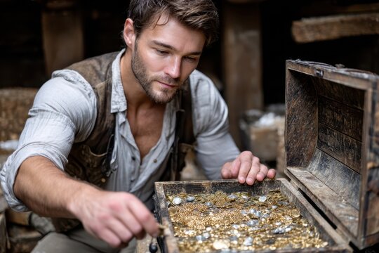 Treasure discovery in an old wooden chest during an adventurous exploration