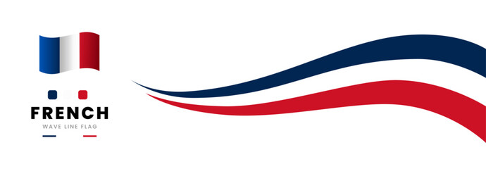 Fototapeta premium Happy French Bastille Day 2026 banner featuring France flag ribbon wave. Patriotic 14 July celebration design for 237th anniversary, national holiday poster, card and colourful template.