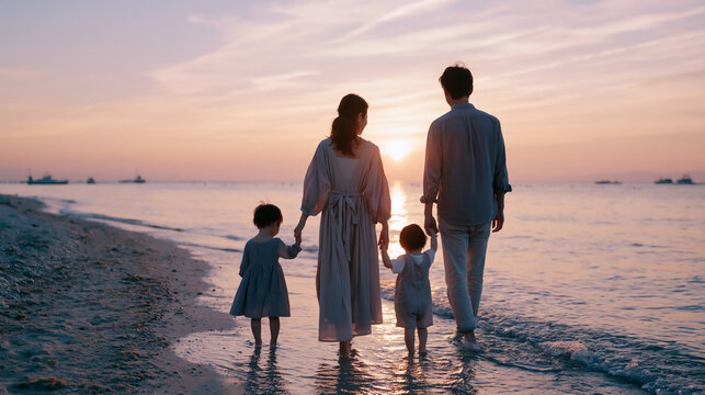 Back view of a family with three children holding hands and walking along the shoreline during a golden sunset.