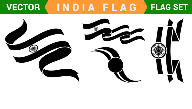 India flag vector set ribbon wave and vertical banners with ashoka chakra symbol