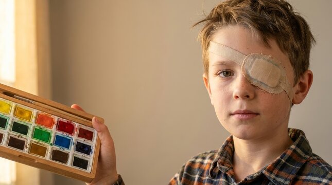 Young boy with an eye patch holding a watercolor paint set, looking at the camera