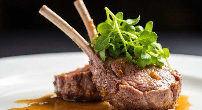 Two elegant lamb racks plated with garnish and sauce