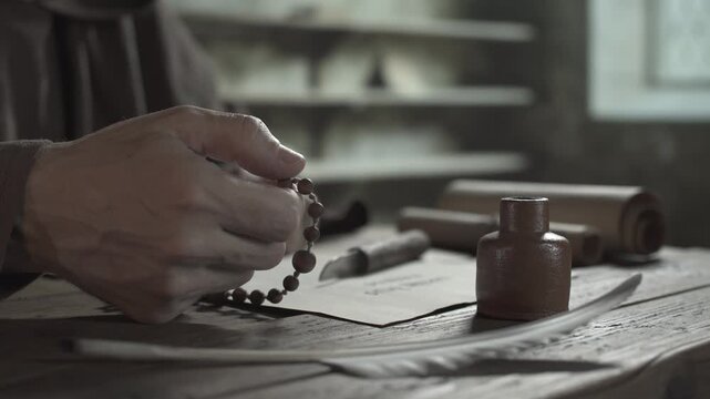 Hand of a medieval monk counting wooden rosary beads next to a clay inkpot, a penknife and a feather quill on a rough table, inside a dim monastery scriptorium