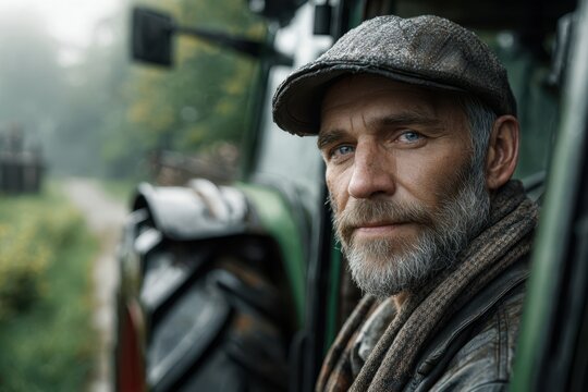 Farmer resting by vintage tractor in morning mist at rural countryside