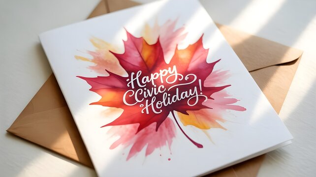 Civic holiday card watercolor maple leaf with calligraphy greeting