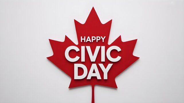 Civic holiday greeting red maple leaf with 'happy civic day' text