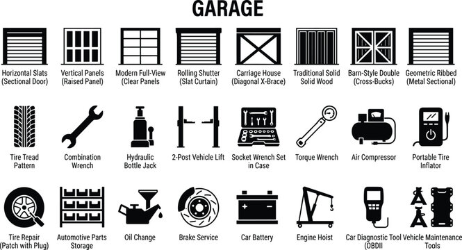 Garage door and auto repair tool solid icon set with vehicle lift wrench compressor car battery maintenance vectors