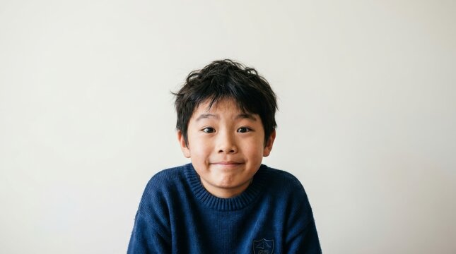 Young Asian boy with messy hair wearing a dark blue sweater, smiling shyly against a plain white background