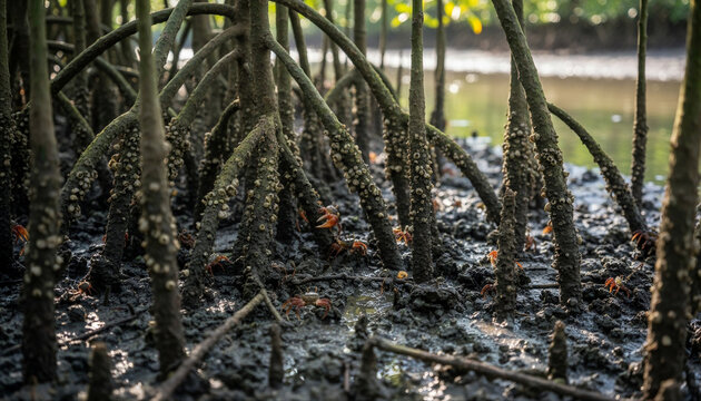 Mangrove Forest Roots with Fiddler Crabs in Muddy Wetland Ecosystem Nature Conservation Concept

