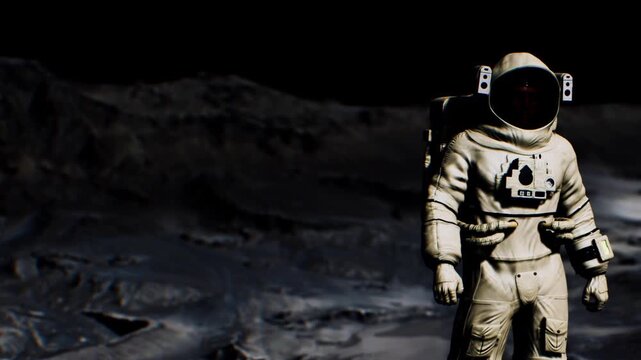 A person in a space suit stands on the moons surface. They face away from the camera. The ground features grey rocks and dust. The dark sky is seen in the background.