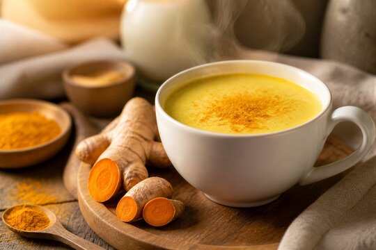 A white cup sits on a wooden tray filled with a warm drink made from turmeric. Nearby, fresh ginger and small bowls of turmeric powder are placed. The kitchen has a warm, inviting feel.