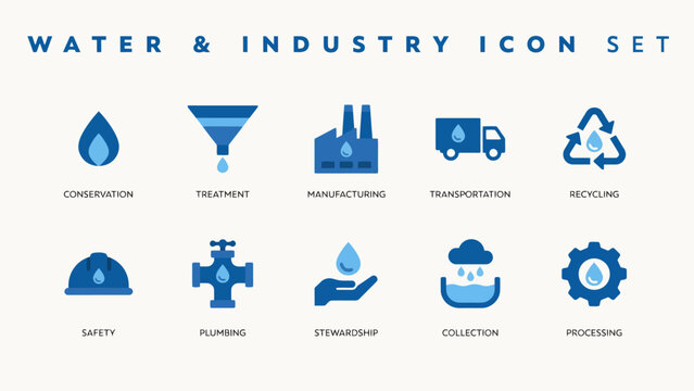 Water and industry themed flat icons set with conservation, treatment, manufacturing, recycling symbols