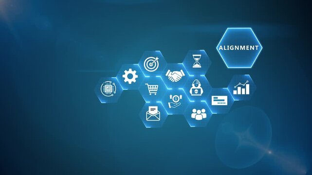 Business alignment dashboard presenting connected supply chain operations, automated logistics coordination, strategic enterprise planning and digital workflow optimization
