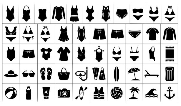 Summer Swimwear and Beach Vacation Icon Set Featuring Bikinis, Swim Trunks, Sun Hats, Snorkel Gear, Surfboards, and Water Sports Equipment Symbols for Apparel Retail E-commerce