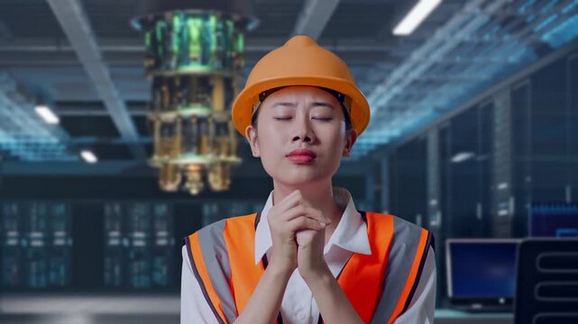 Close Up Of Asian Female Engineer With Safety Helmet Pray For Something While Standing at Futuristic Quantum Computer Data Center Control Room