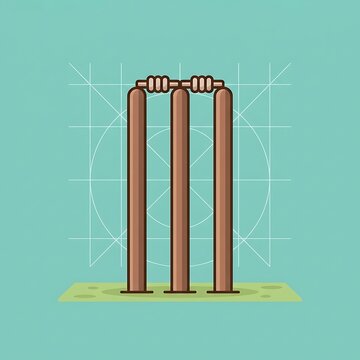 Flat of cricket wickets with stumps and bails over a technical grid background, for sports training, and game analysis concepts