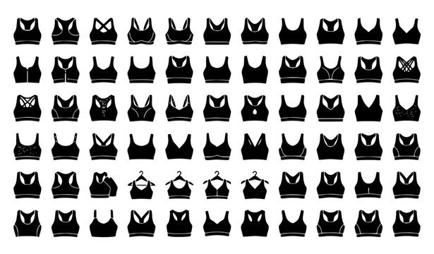 Women Sports Bra and Activewear Underwear Icon Set Featuring Racers Back, Strappy Bralettes, Fitness Crop Tops, and Athletic Lingerie Silhouettes for Fashion E-commerce Websites