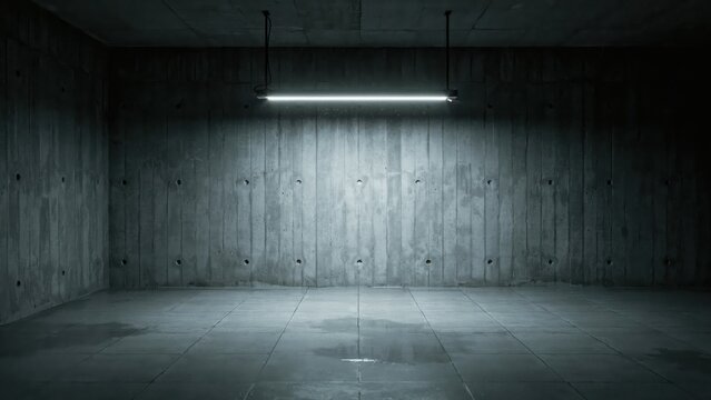 Empty industrial concrete room with a single fluorescent light