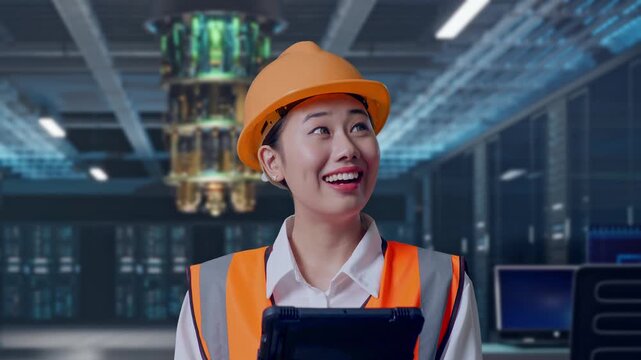 Close Up Of Asian Female Engineer With Safety Helmet Looking At The Tablet In Her Hand And Looking Around While Standing at Futuristic Quantum Computer Data Center Control Room