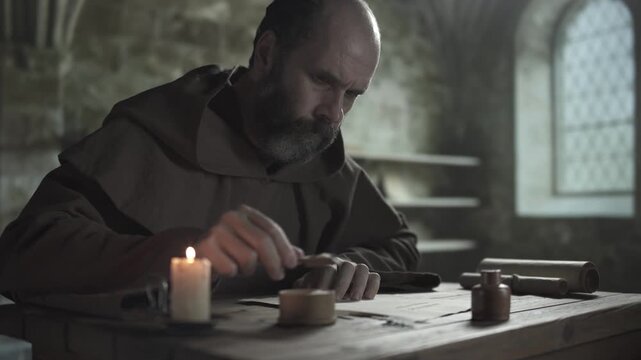 Monastic scribe with a goose quill finishing two calligraphy lines on a parchment sheet and sprinkling ink drying sand with a wooden scoop, inside a dark scriptorium, medium shot