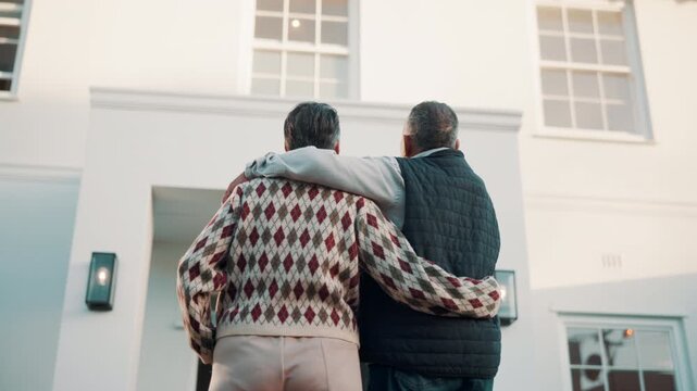 Back, old couple and hug at new house for viewing, property purchase and support for relocation. Below, senior people and moving with embrace, home selection and real estate investment for retirement