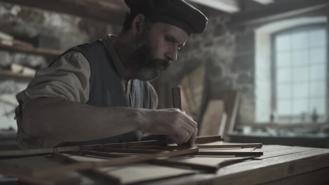 Medieval master testing the angles of an ornithopter wing frame with a wooden square on a rustic table inside a workshop