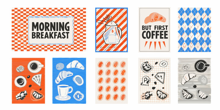 collection of ten retro style breakfast and coffee illustrations morning croissant muffin cup pitcher pattern checkerboard stripes