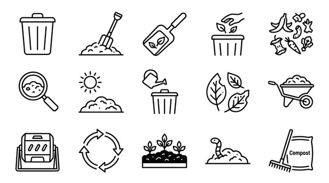 Industrial Black and White Line Icons Set Featuring Composting Gardening Tools Waste Management and Recycling Process