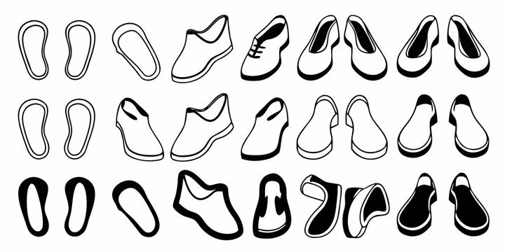 diverse shoe and footwear icon set displayed on white background sneaker boot heel loafer slipper vector graphic