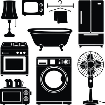 Set of black silhouettes of home appliances and bathroom fixtures on transparent background.