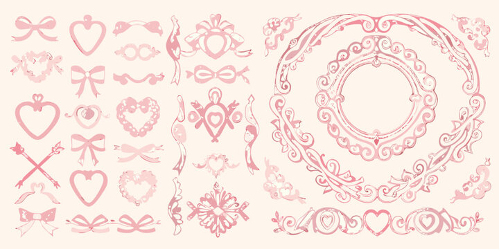 romantic vintage style decorative frame and borders vector illustration ornate design heart shapes bows arrows swirls pink
